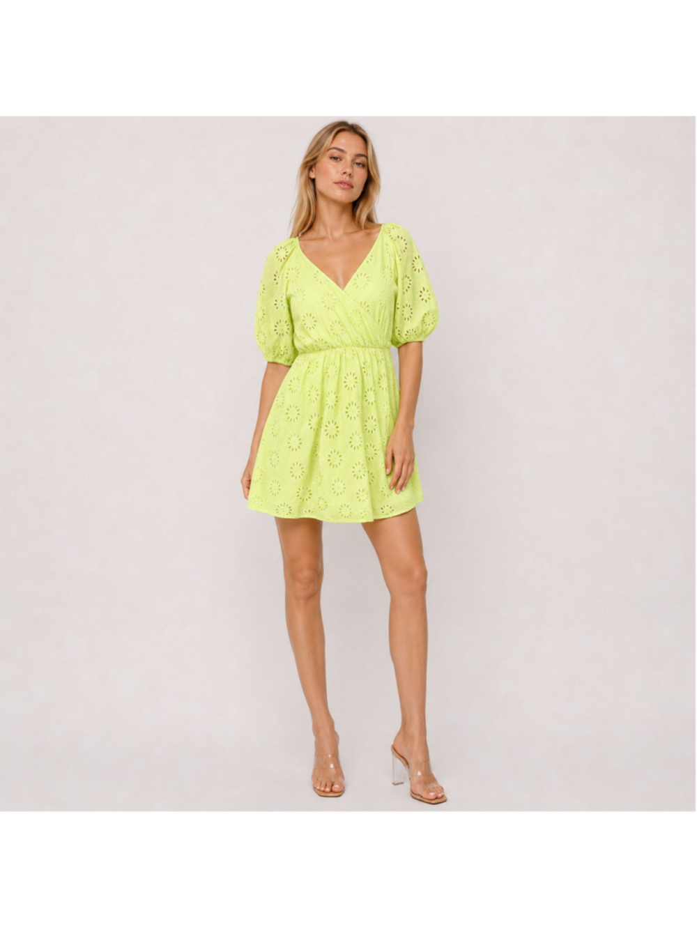 ZARA Openwork Embroidered Wrap Mini Dress Lime Green Eyelet Lace Cotton Size L